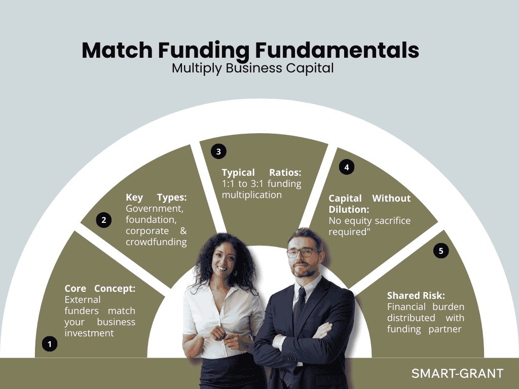  Infographic titled "Match Funding Fundamentals" with five key points around two business professionals.